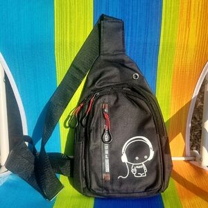 ✨️Portable Black Crossbody Sling Bag with Headphone Graphic